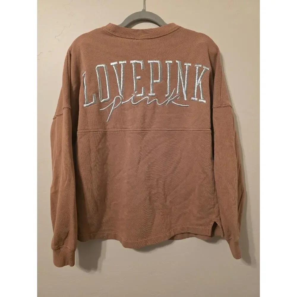 PINK Victoria’s Secret Brown Crewneck Sweatshirt Love Pink Graphic Cozy - Picture 2 of 7